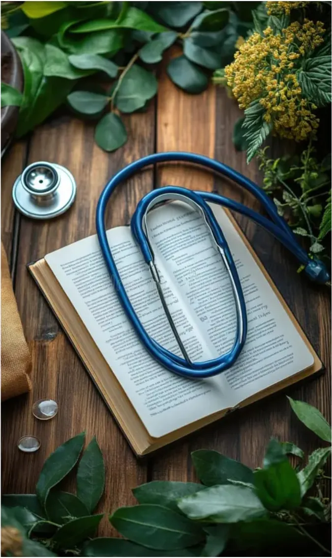 Fonendoscopio sobre un libro rodeado de plantas, imagen de medicina integrativa